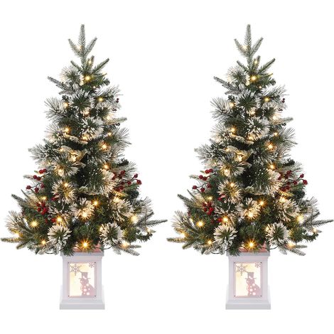 Lot 2 sapins de Noël artificiels 90 cm – 78 LED blanc chaud, neige floconnée, baies rouges – Pré-illuminé, fonction pile – Décoration intérieure (1/5)