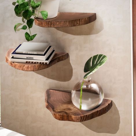 Lot de 3 étagères murales en bois d'acacia vernis