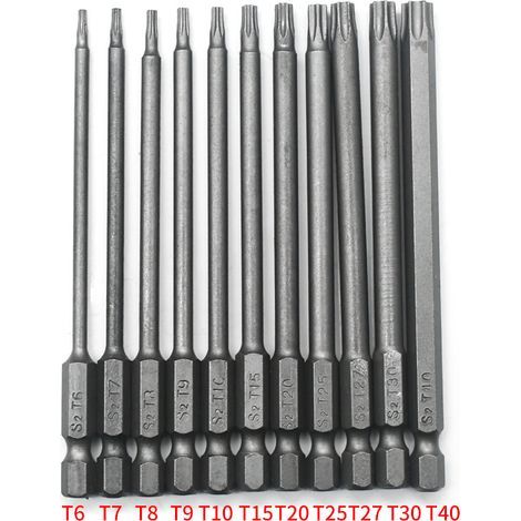A set of 11 long screwdriver bits for screwdrivers and drills - magnetic bits - sizes T6 to T40 - length 100 mm (1/5)