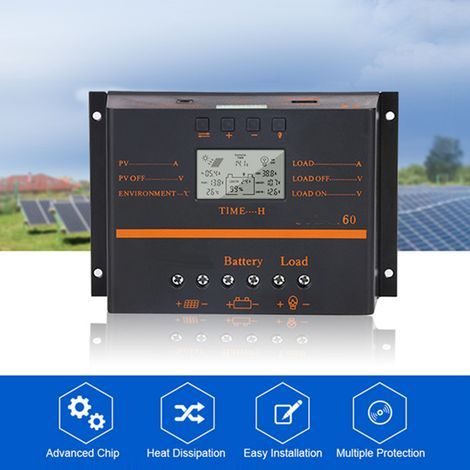 Controlador de carga solar MPPT 60A 12V 24V, regulador de carga solar con sonda Temperatura de pantalla LCD, control para todas las baterías de 12 V, 24 V y baterías de litio (1/5)
