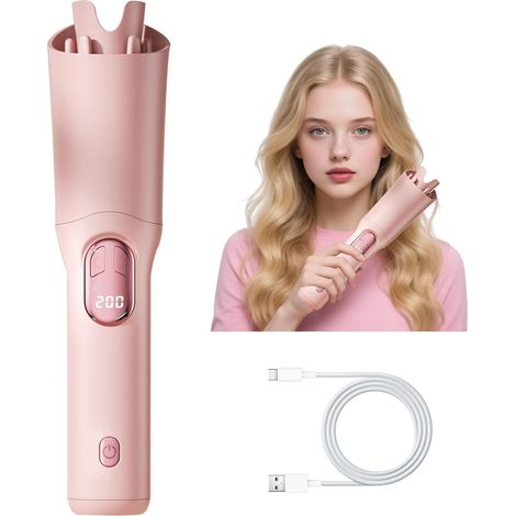 Fer à friser automatique, fer à friser rechargeable, fer à friser rotatif avec 3 réglages de température et écran LCD, fer à friser en céramique, anti-brûlure, anti-nœuds, fer à friser de voyage sans (1/5)
