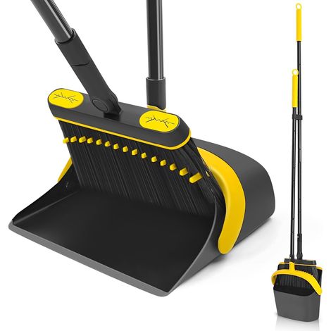 Pelle et Balayette Long Manche 138 cm pour Sol Dur, Rotatif à 180 Degrés de Balai Ensemble pour Le Balayage Extérieur, Jardin, Hall, Intérieur (Noir et Jaune) (1/5)