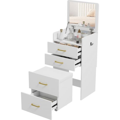 Coiffeuse avec miroir et tabouret 3 en 1, 3 tiroirs et plateau en verre visible, coussin rembourré, 48 x 40 x 90 cm, blanc (1/5)