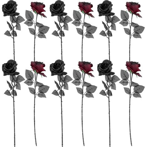 Roses Artificielles Noires en Soie Lot de 12 Design Réaliste Légères et Facile à Transporter pour Décoration Halloween et Mariage (1/5)