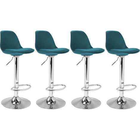 Idmarket – Lot de 4 tabourets de bar réglables en hauteur – Dossier en polypropylène – Pied en métal chromé – Couleur bleu canard – Pivotants 360°