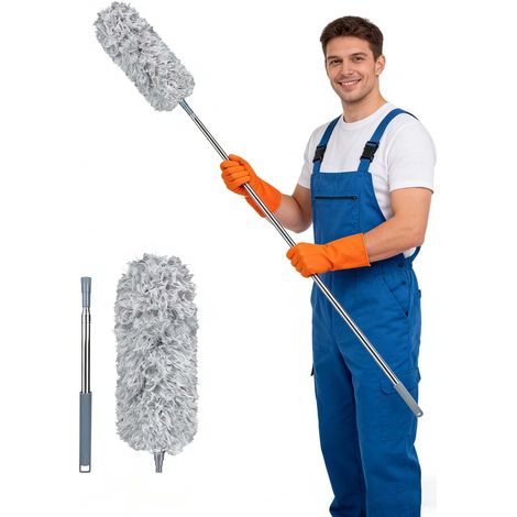 Chiffonette Télescopique Jusqu'à 250cm Tête Flexible en Microfibre et Acier Inoxydable Lavable pour Plafonds, Ventilateurs, Toiles d'Araignée Gris (1/5)