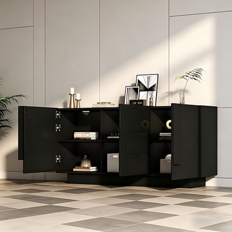 Aparador de salón 3 puertas, 160x35x60 cm, 6 compartimentos, estantes ajustables, en tableros de partículas, negro (1/5)