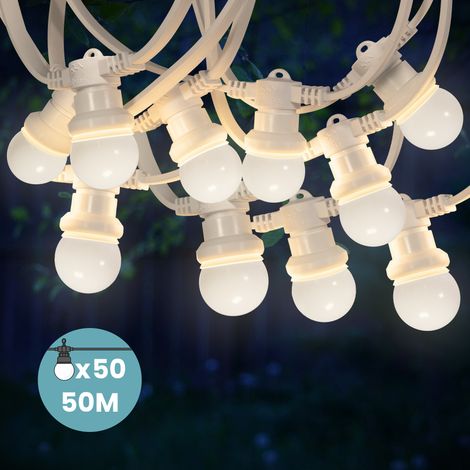 Guirlande Guinguette 50m Câble Blanc IP65 - 50 Ampoules LED Remplaçables 2800K - Guirlande Lumineuse Extérieure Étanche pour Mariage, Terrasse et Parc (1/5)