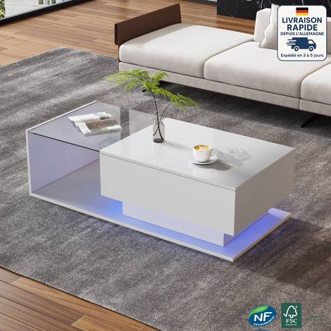 Modfu – Table basse fixe blanche 100x50x32cm – 1 tiroir – Plateau en verre antichoc – Éclairage LED contrôlable via application mobile (1/5)
