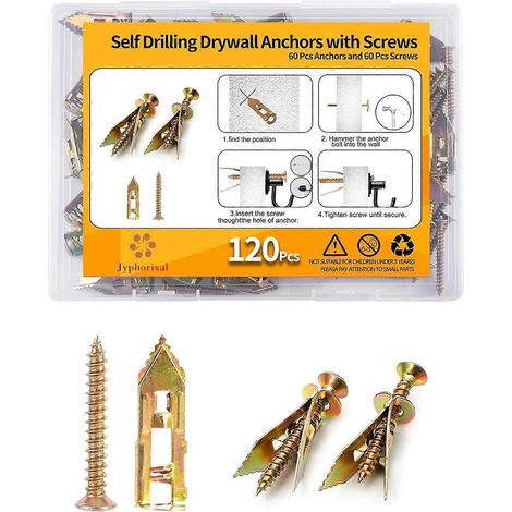 Kit chevilles autoperceuses pour plaques de plâtre + vis : 80 chevilles 12x3 cm + 80 vis + 120 chevilles 12x4 cm, pas de perçage supplémentaire (1/4)