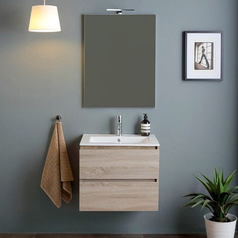 Mueble De Baño De 60Cm 2 Cajones Efecto Madera Espejo Con Lámpara  Berlin (1/5)