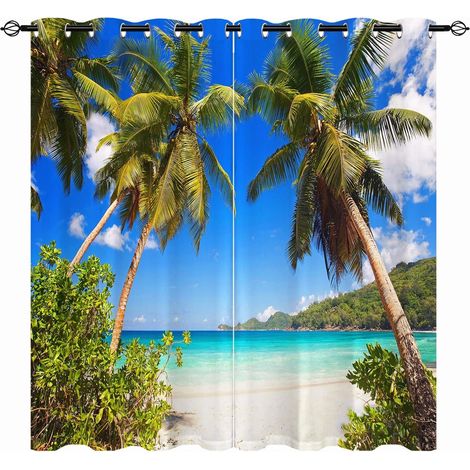 Rideaux Tropicale - Imprimé Occultants Thermiques (Décor Plage Palmiers Hawaii & Océan Estival) pour Salon/Chambre avec Œillets - 2 Panneaux L140 x H260cm - 140L X 260H cm (2 Panneaux) (1/5)