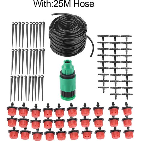 Mikro-Bewässerungsset für Gärten, Bewässerungssystem mit 25 m PVC-Schlauch, T-Stücken und Düsen