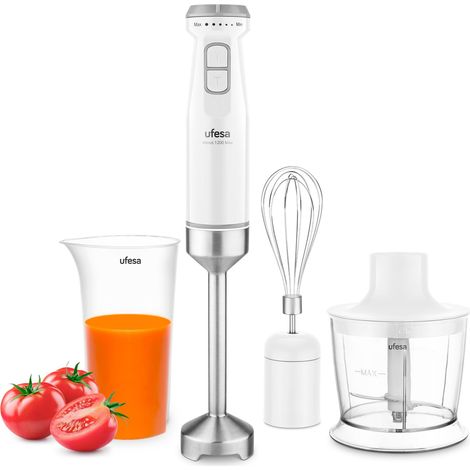 Mixeur Plongeant 1200W avec Fonction Turbo, 4 Lames Inox, Vitesse Variable, Design Anti-Éclaboussures, Set 3 en 1 avec Hachoir, Fouet et Verre Doseur (1/5)