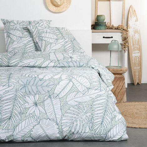 Parure de lit double en coton "Sunchine" imprimé feuilles - Vert/Blanc - 220 x 240 cm - Livraison gratuite (1/3)