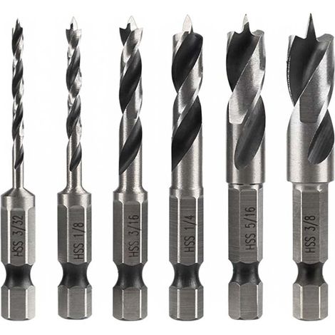 6Pcs Meche Bois à Tige Hex, Jeu de Tige 1/4" Forets HSS Hélicoïdaux pour Bois Métal Plastique et Bosch 6.35MM Hex Tige Rotatives Outil (1/5)