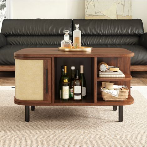 Mesa de centro (80x60x47 cm), forma curvada, con almacenamiento, MDF, color nogal (1/5)