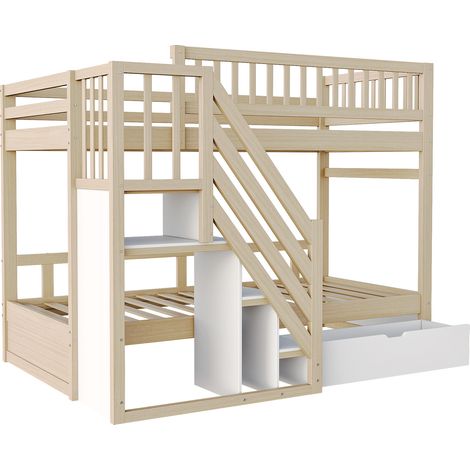 Letto a castello 90x200 cm in legno con scala contenitore, cassetti e sponde (1/5)