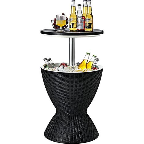 COSTWAY Mesa Nevera Capaciadad de 30 L Cubo de Hielo para Jardín Mesa Auxiliar con Gancho,Asa,Tapa Extraíble y Orificio de Drenaje para Fiesta Boda
