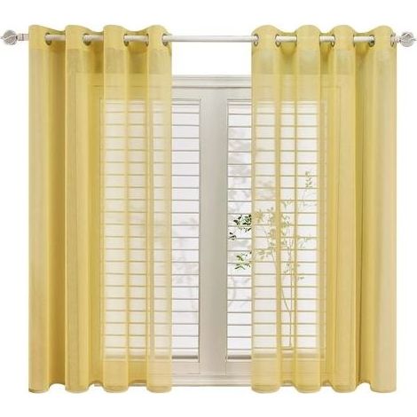 Lot de 2 Rideaux Voilage Jaune Brillant en Effet Lin - A Oeillets Rideau Decoration Chambre Semi-Transparent pour Salon Rideau Cuisine 140x160cm(Largeur x Hauteur) (1/5)