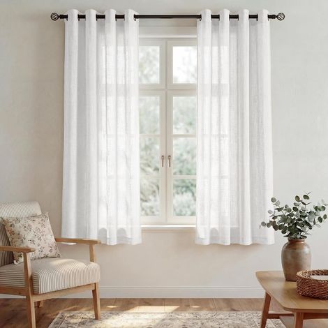 Rideaux Voilage - Voiage Blance Décoration de Fenêtre Voile en Lin Effet Motif de Croix avec Oeillet Draperies pour Fenêtre Petite, 132 cm L sur 137 H, Blanc, Lot de 2 (1/5)