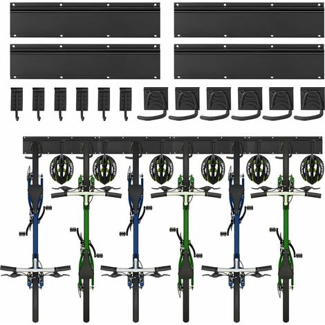 Portabiciclette da parete, supporto da parete per 6 biciclette, 6 caschi, gancio porta attrezzi per garage o casa, gancio verticale per biciclette (larghezza interna: 90 mm) 4 binari