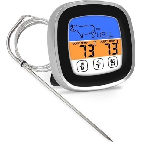 Digitales Küchenthermometer (silber und schwarz) mit 100 cm langer Sonde, Timer und voreingestellten Temperaturen für Fleisch/Grill/Smoker/Grill, -20 - 300 °C (1/4)