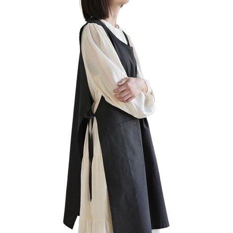 Delantal de mujer de algodón puro con bolsillos，adecuado para el trabajo，repostería y otras ocasiones，de color negro，talla única (96 cm de largo)
