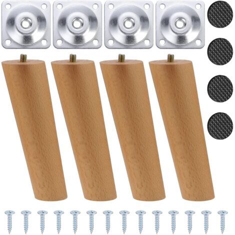 15 cm Pieds de Meubles en Bois Pieds de Table en Bois Conique Massif Pieds de Canapé Obliques Pieds de Meubles de Remplacement avec vis de Plaque de Montage et Protecteur Antidérapant
