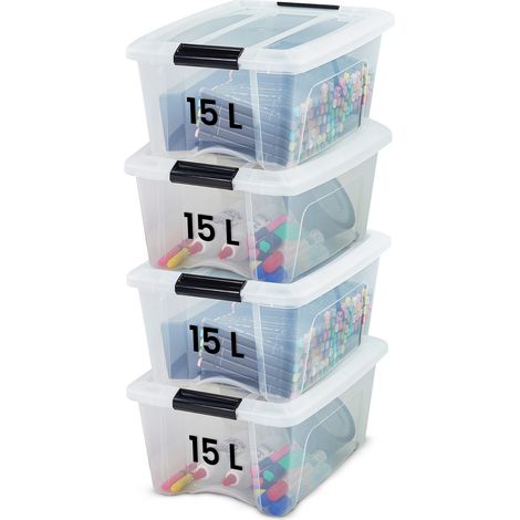 Iris Ohyama, Lot de 4 boîtes de rangement plastique 15L, Transparent, SB-15