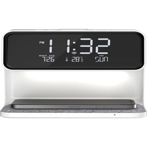 Veilleuse multifonctionnelle à chargement sans fil intelligent, petit réveil silencieux et créatif, lampe de chevet avec chargeur sans fil, blanche