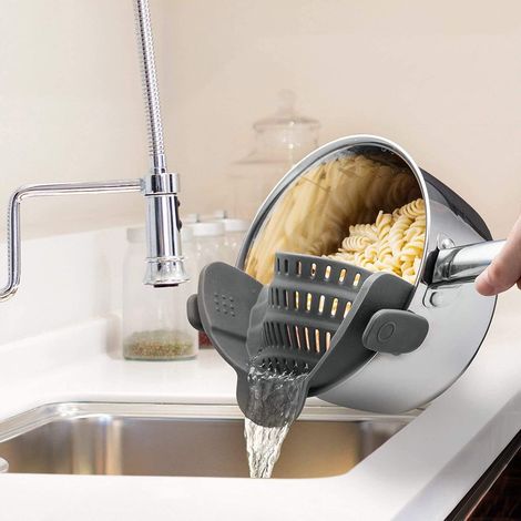 Passoire à pince en silicone pour casseroles, poêles et bols - Grise (1/4)