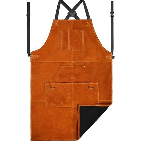 Tablier de soudure en cuir avec doublure douce – résistant à la chaleur, ignifuge, tablier de protection robuste avec plusieurs poches (1/5)