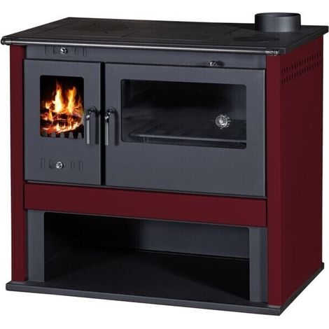 Cocina de leña V05 Viki Lux - 10,5 kW  Placa superior metálica, paneles laterales color burdeos y diseño funcional (1/3)