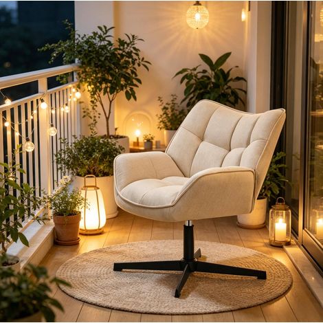 Poltrona girevole in lino con braccioli beige OKMYHOME (1/3)