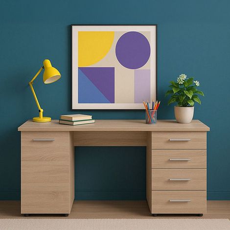 Escritorio Flaminio, 2 Estantes, 4 Cajones, 2 Compartimentos, 135x50x75.5h cm Roble Marrón (1/5)