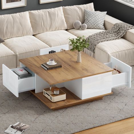 70 x 70 x 31.5cm Couchtisch mit 3 Schubladen,geometrischer Kaffeetish,hochglänzende Wohnzimmertisch, Sofatisch,Beistelltisch,geeignet für kleine Räum,Weiß + Originalholzfarbe (1/5)