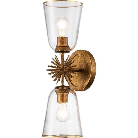 Elstead Staring Applique murale contemporaine dorée vieillie, abat-jour en verre, 2 ampoules E27 (1/5)