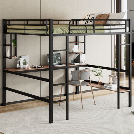 Fortuna Lai – Lit mezzanine 140x200cm en métal noir – Bureau intégré avec 4 étagères triangulaires et grande bibliothèque – Hauteur 180cm (1/5)