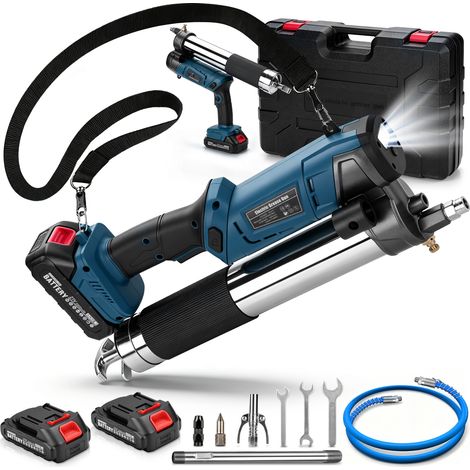 12000 PSI Pistolet à Graisse Électrique Sans Balais Sans fil 160g/min 600g Pompe à Graisse Éclairage LED et 3 Buses Multifonctions Tuyau 100 cm avec 2xbatteries Compatible Makita 21V pour l'Entretien