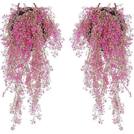 2 cestas colgantes de flores artificiales，flores artificiales para la pared，flores artificiales de pared，boda (rojo rosado) (1/5)