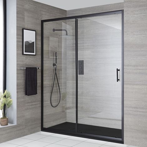 Milano Nero - Black Reversible Walk In Wet Room Sliding Door Shower Enclosure with Graphite Slate Effect Tray and Fast Flow Waste - 1700mm x 800mm (1/5)