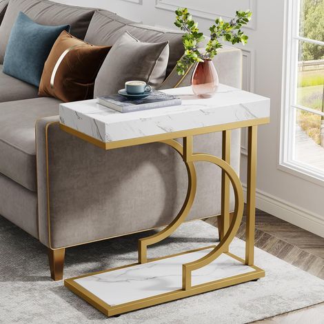 Tribesigns – Table d'appoint étroite en faux marbre doré – Table de chevet moderne en C – Dimensions 60x30x61 cm – Cadre en métal robuste
