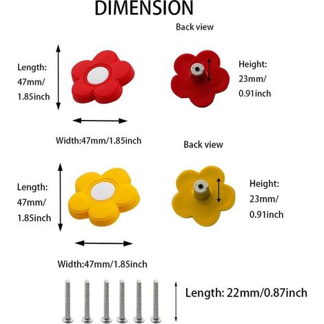 Set mit 6 weichen Schubladengriffen aus Gummi, in Cartoonform, für Kinder, Schränke, Spielzeug (Blumen, rot + gelb). (1/4)