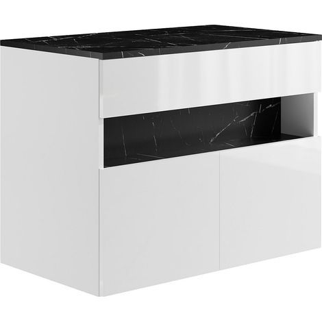 Vente-Unique – Meuble sous vasque suspendu à LEDs – Blanc et noir effet marbre – Longueur 80 cm – Éco-responsable – Capteur tactile pour allumage