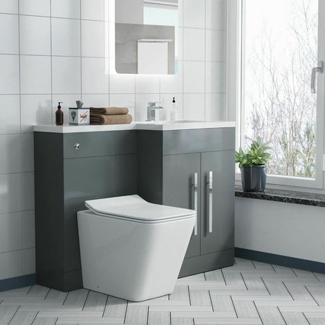 Elora Bathroom RH L-Shape White Basin Vanity Grey Unit WC BTW Rimless Toilet (1/5)