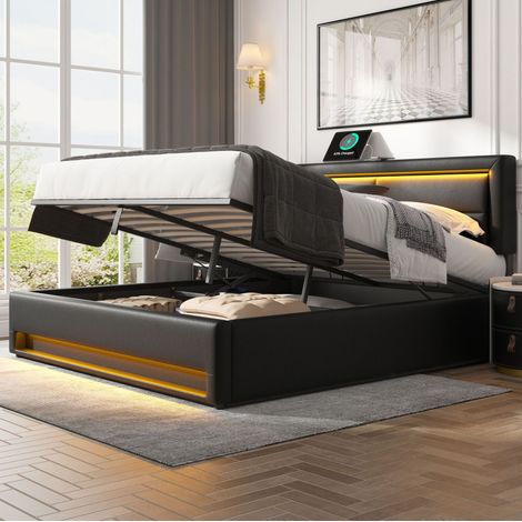 MEUBLIV Lit 160x200 cm noir – rangement, LED et USB, sans matelas (1/5)