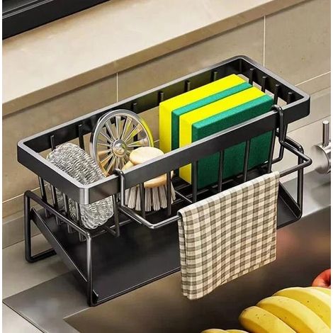 Organisateur d'éponges en acier inoxydable pour évier de cuisine, avec porte-torchons amovible. (1/5)
