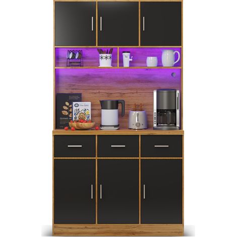 ELVMI Aparador de Cocina con 6 Puertas, 3 Cajones, Estantes Ajustables, Luz LED y Tomas USB, MDF, 100 x 40 x 180 cm, Natural Negro (1/5)