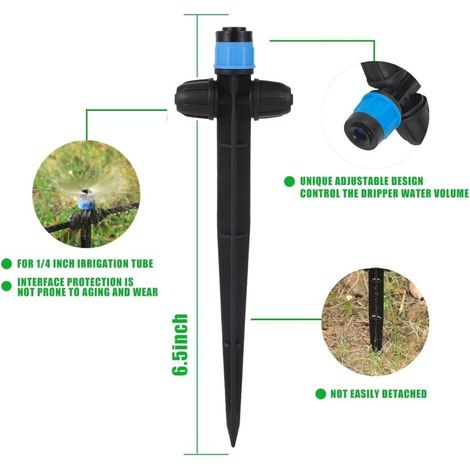 25 émetteurs de ventilateur pour irrigation goutte à goutte adaptés aux tuyaux d'irrigation de 0,64 cm, arroseurs goutte à goutte de rechange à débit réglable avec piquet, micro-arroseurs pour irrigat (1/4)